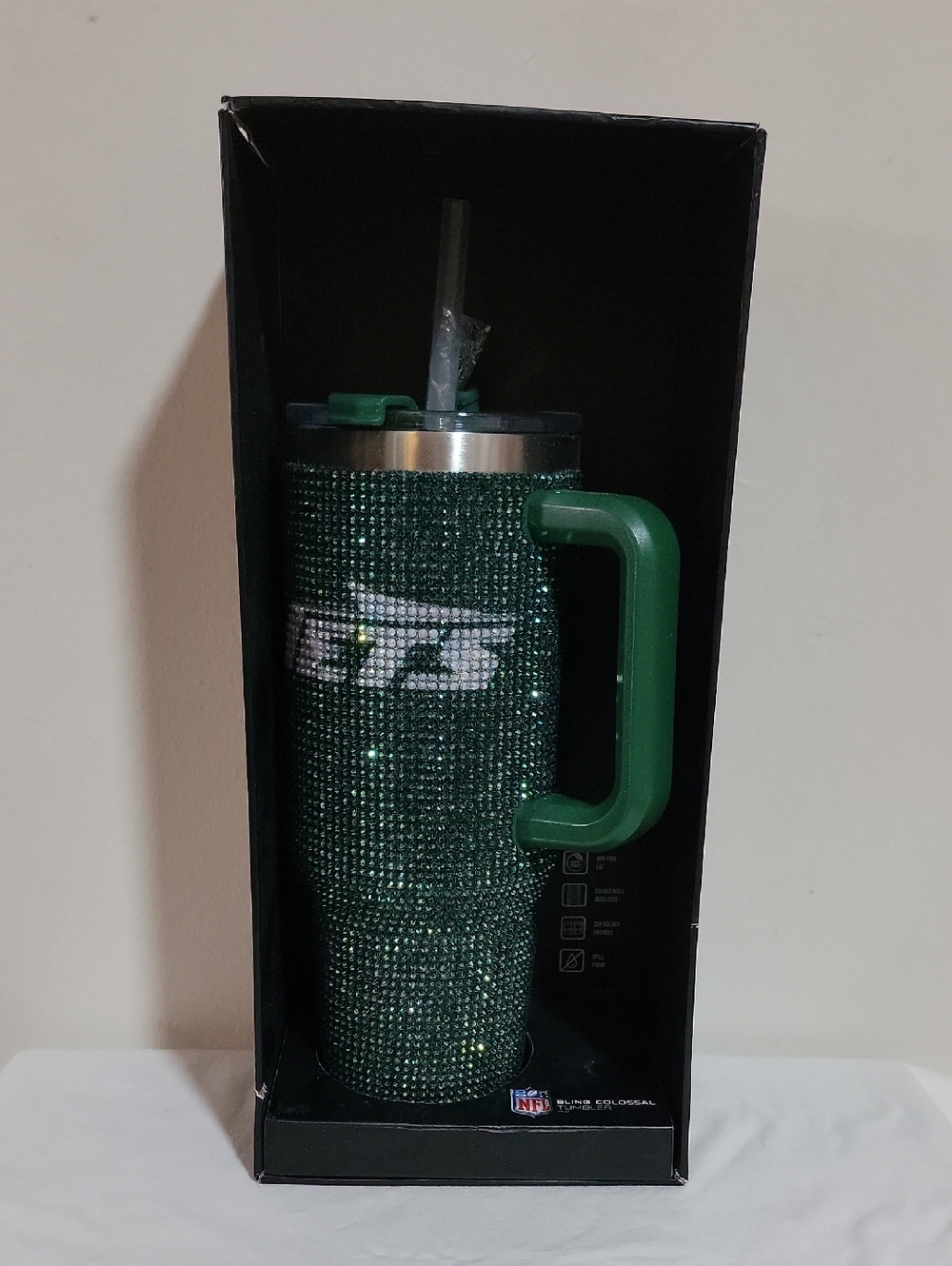 Offical NFL Green Rhinestone 40oz Tumbler W/ Handle and Straw - Jets Logo